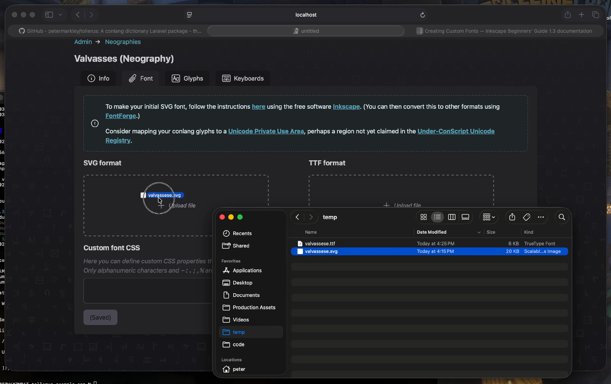 Screenshot of dragging SVG font into Tollerus
