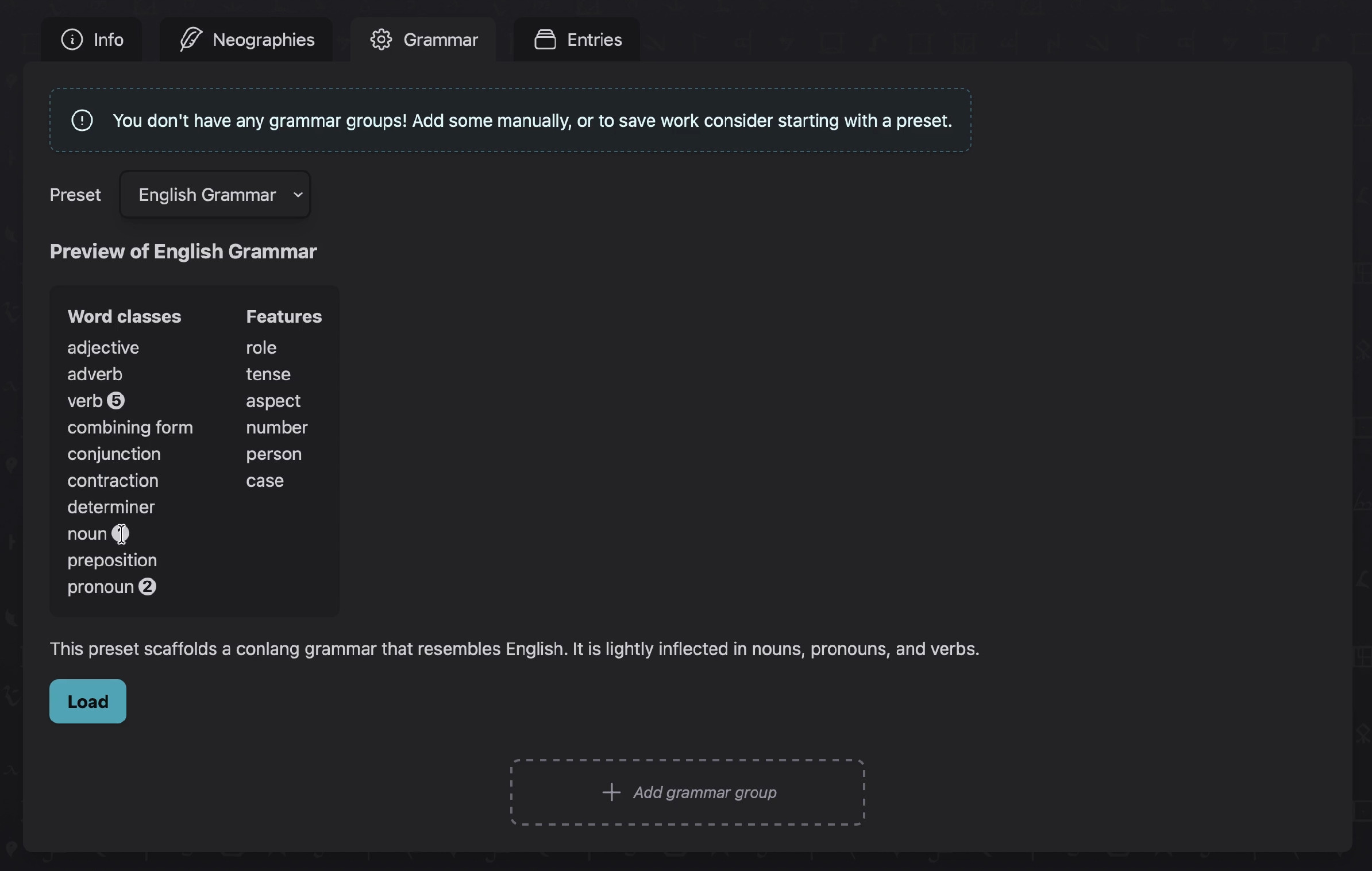 Screenshot of a Tollerus grammar preset