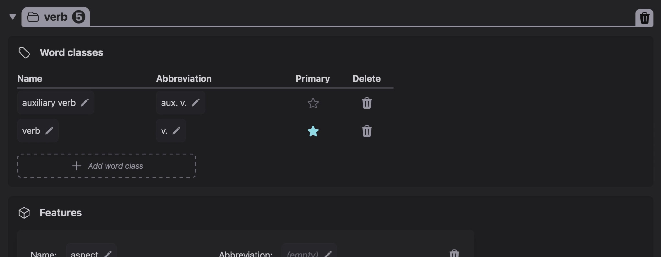 Screenshot of a Tollerus grammar group with two word classes inside it