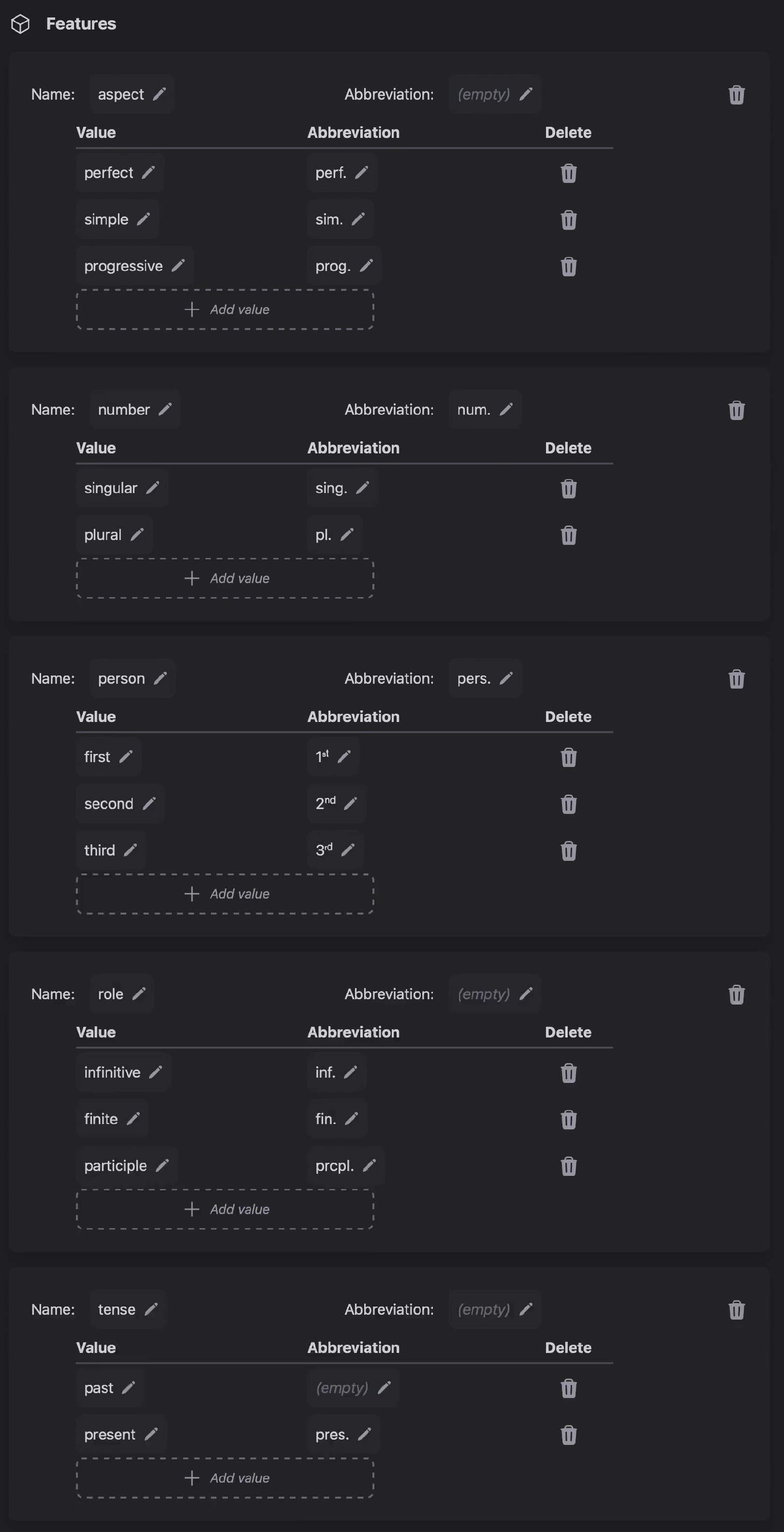 Screenshot of English verb features in Tollerus