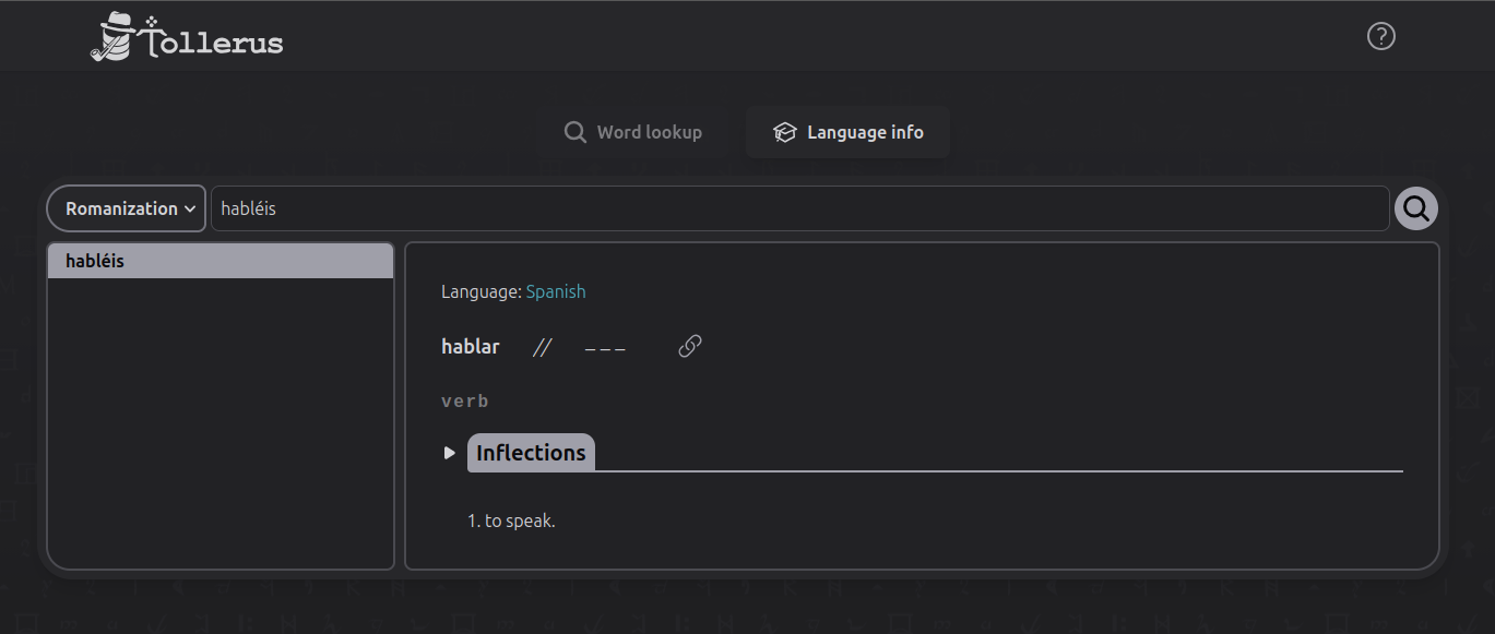 Screenshot of collapsed inflection tables