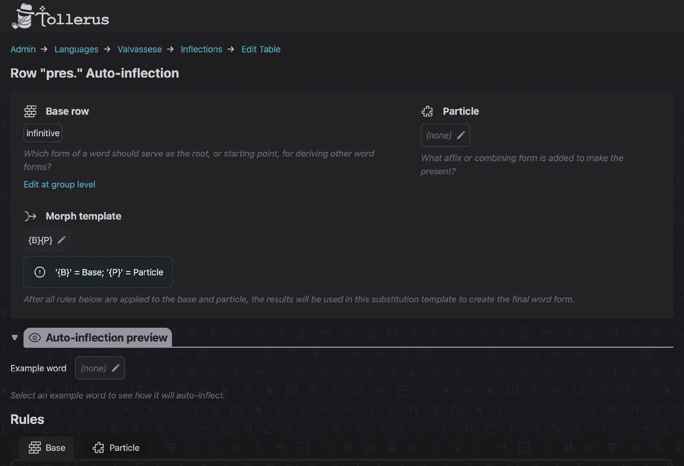 Screenshot of the auto-inflection editor page