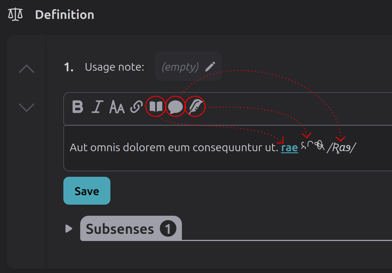 Screenshot of various rich text toolbar features